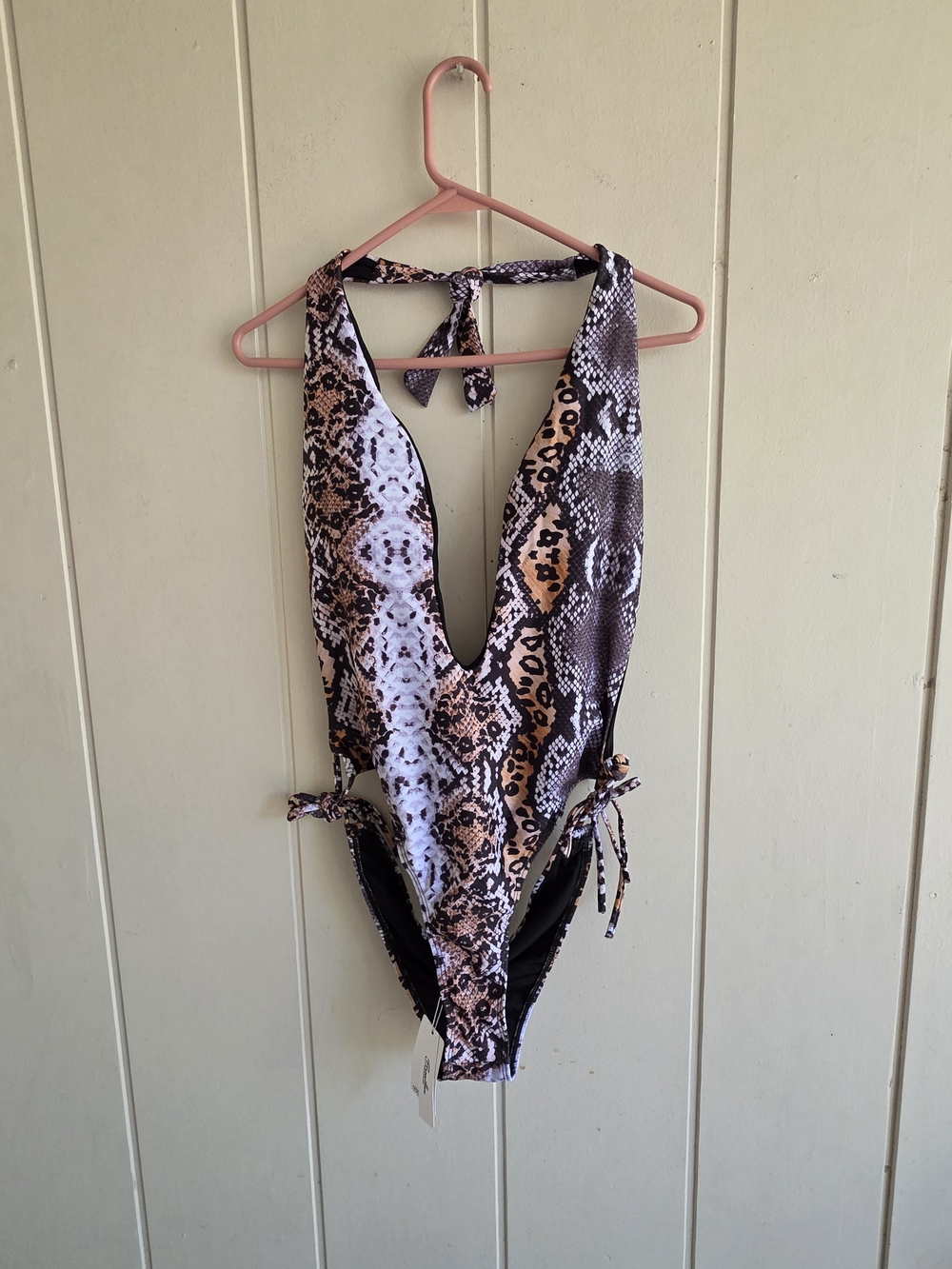 Brazilian Bikini Lenago One Piece Halter Swim Suit Large Snake Print New